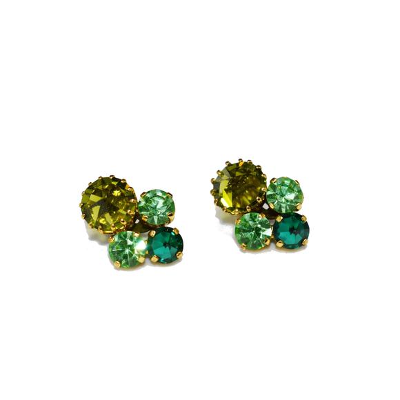 Vintage Austria Green Crystal Clip Earrings Uranium Glass Rhinestones 1950s - Picture 6 of 10